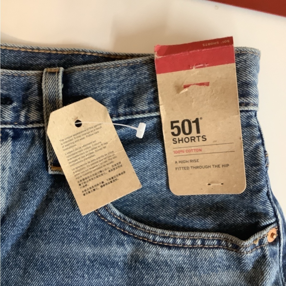 Levi's Size 31 Blue 501 High Rise, Fitted Through The Hip Distressed Shorts. - Picture 3 of 7